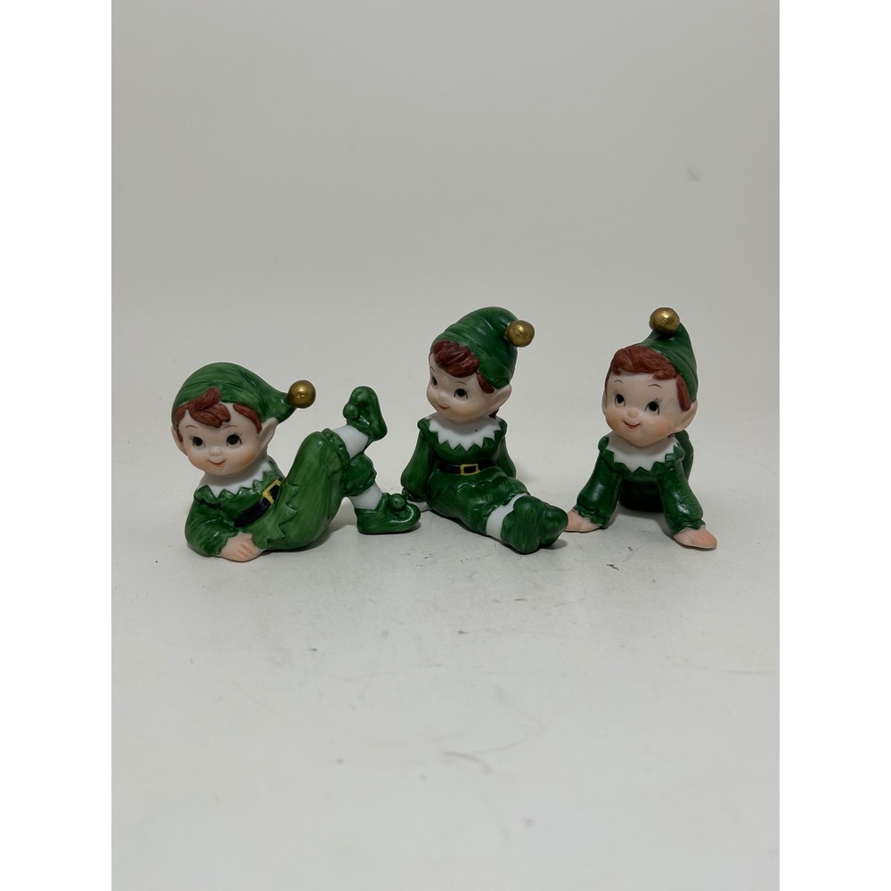 Vintage Lefton Christmas Elf Figurines Set 3 Ceramic Green Pixie 1990 SRN07545